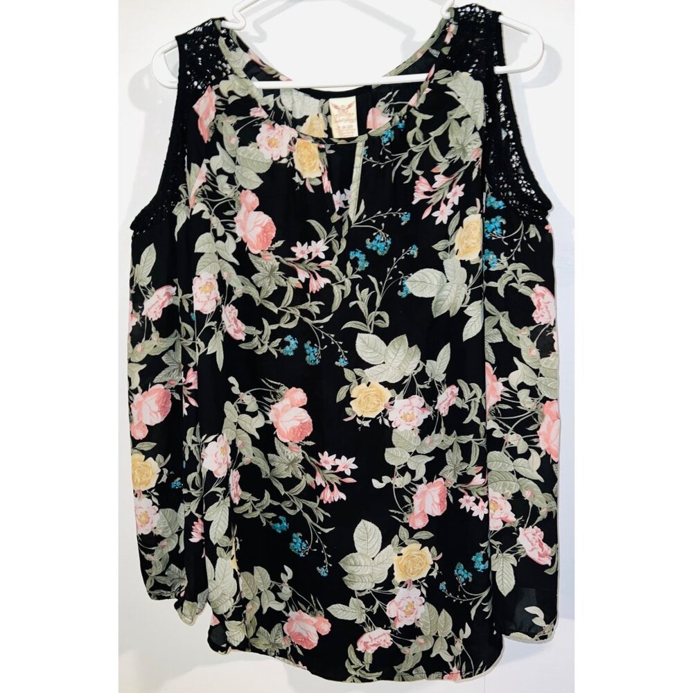 Faded Glory Floral Open-shoulder Long Sleeves Blouse M (8-10) Black Polyester